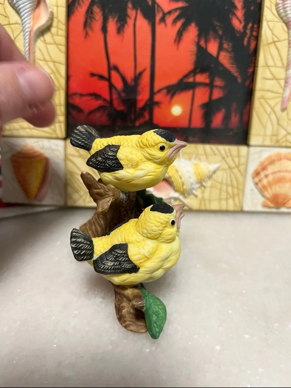 Lefton Yellow and Black Bird Figurine Pair on Branch